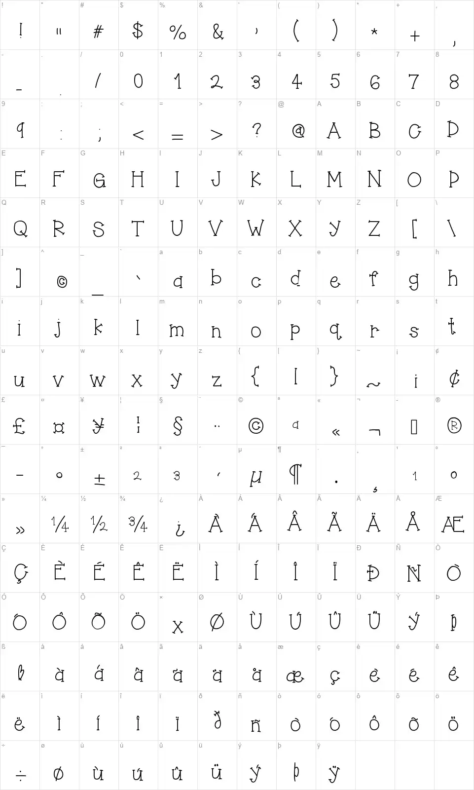 Hello Jumping Jacksfont character map