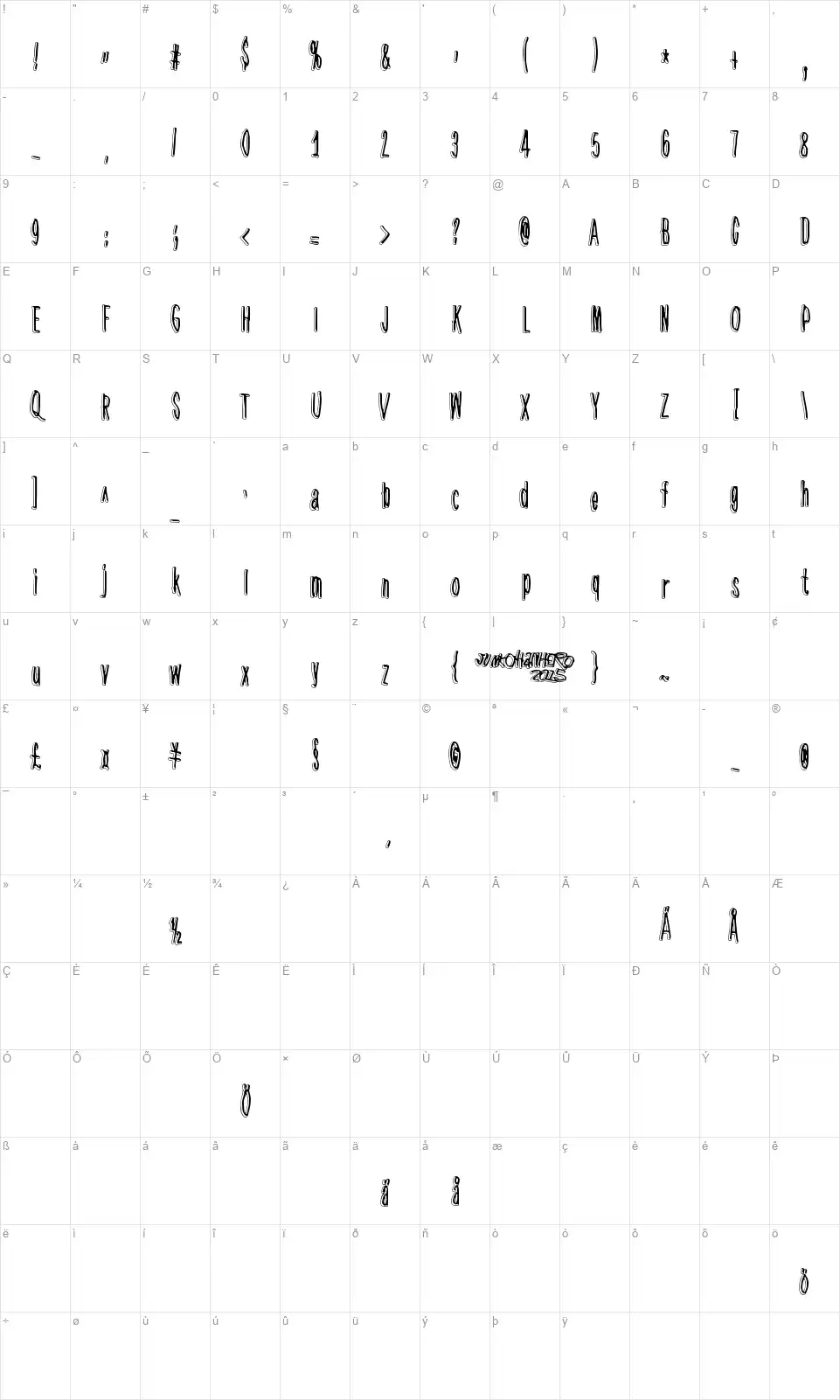Hidden Zebrafont character map