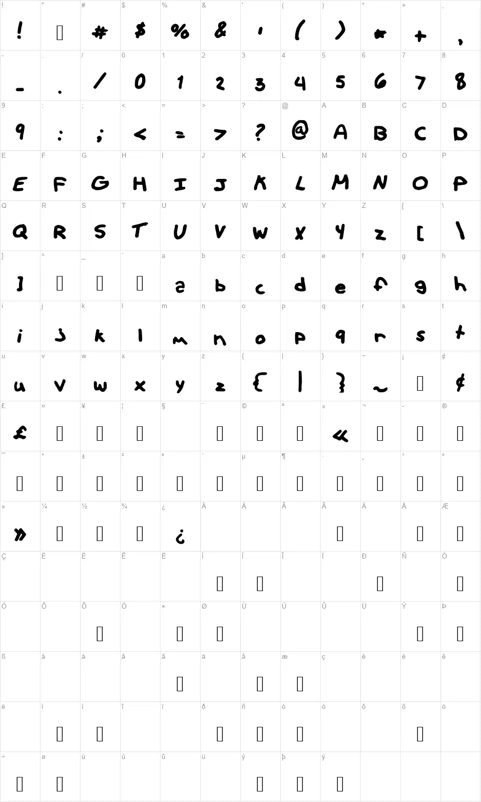 Hipsterfont character map