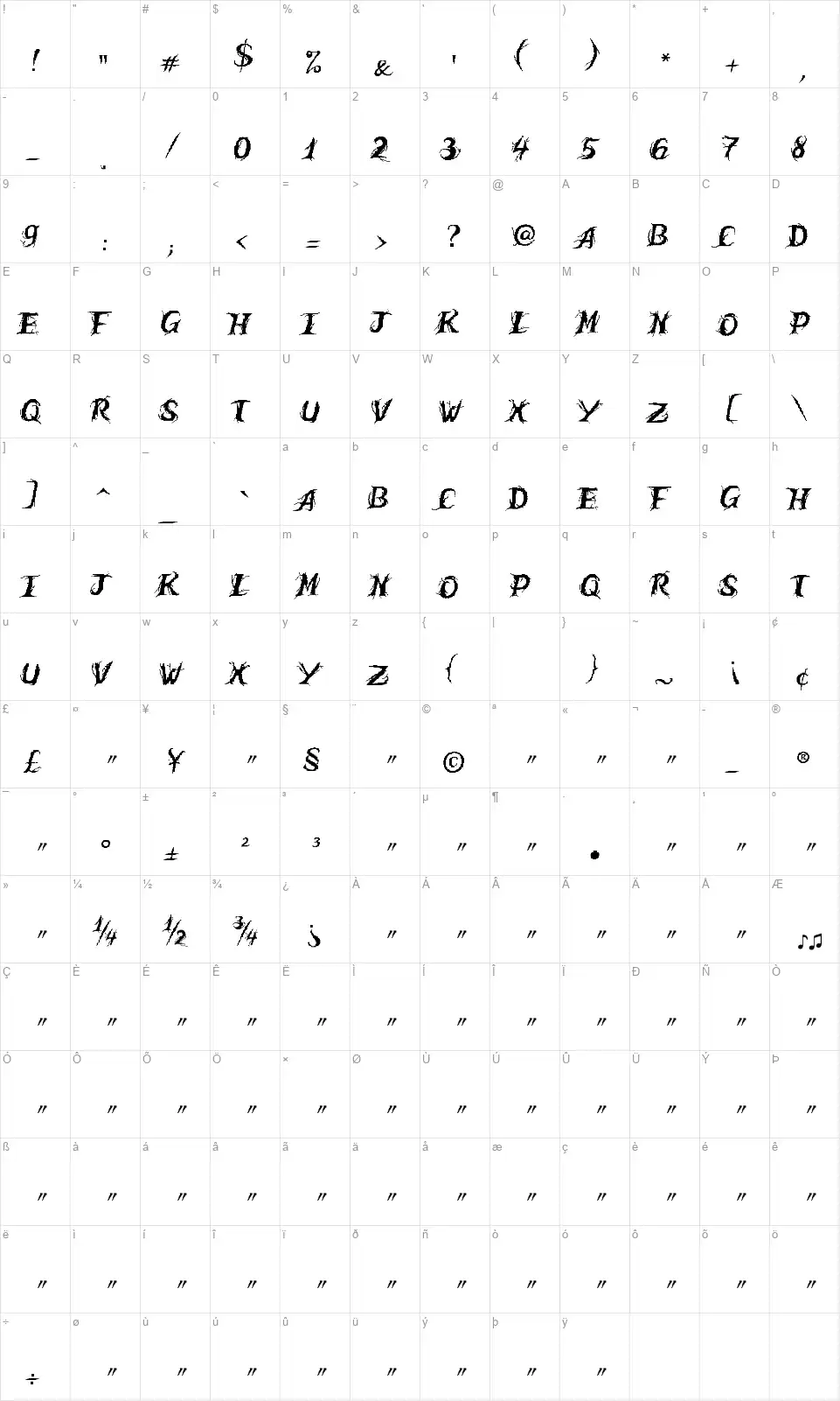 Humble Wallfont character map
