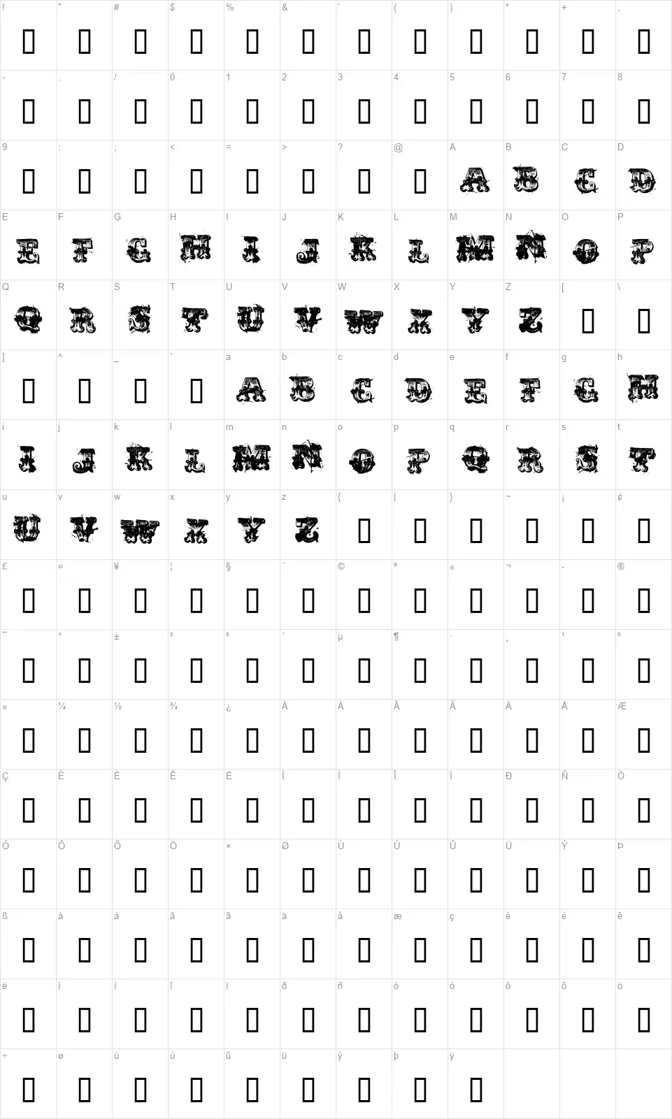 Immoralfont character map