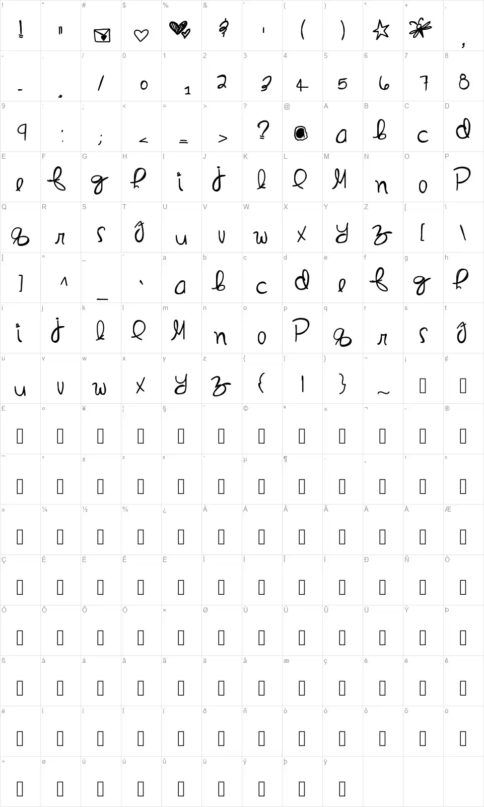 In My Dreamsfont character map