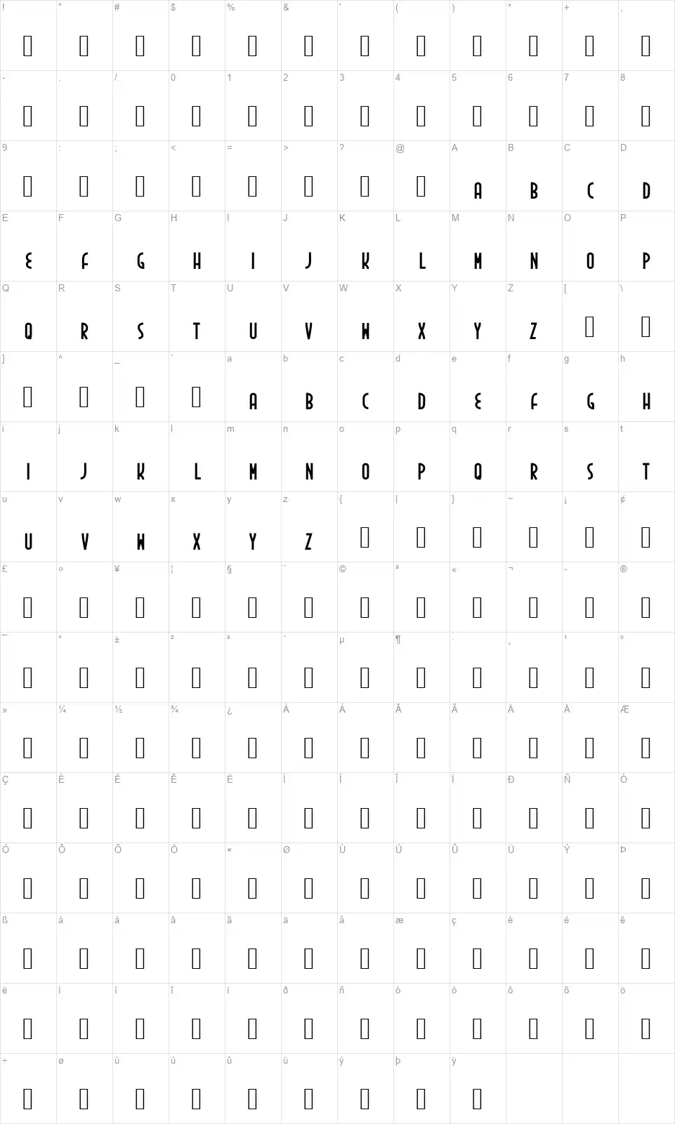 Ineditafont character map