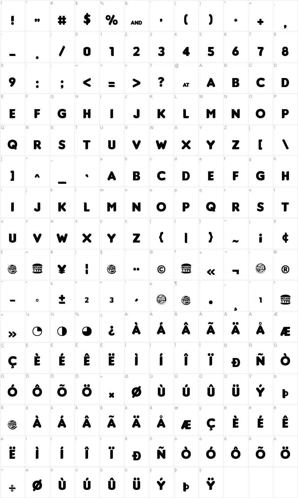 Insaniburgerfont character map