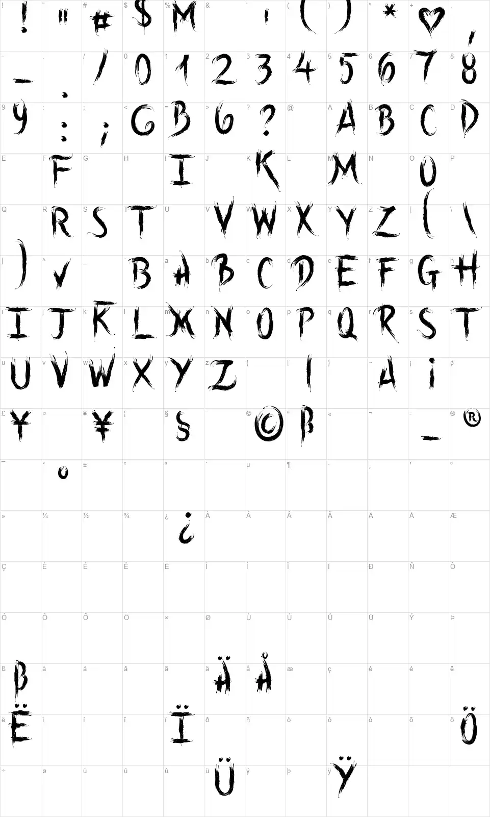 Into the Wildfont character map