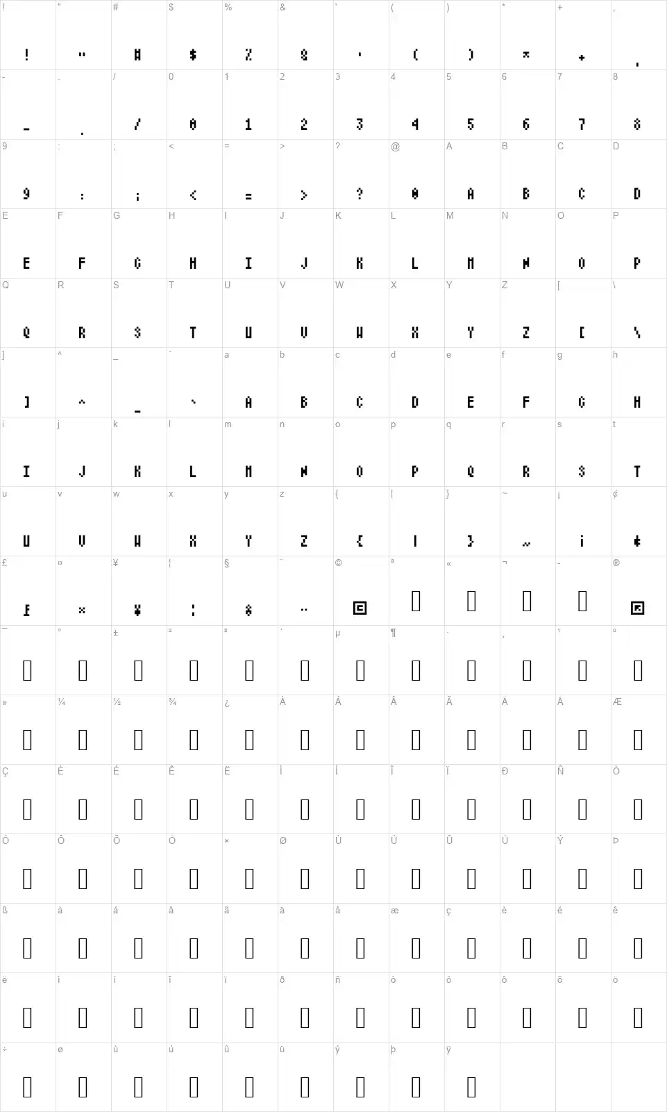 Iratafont character map