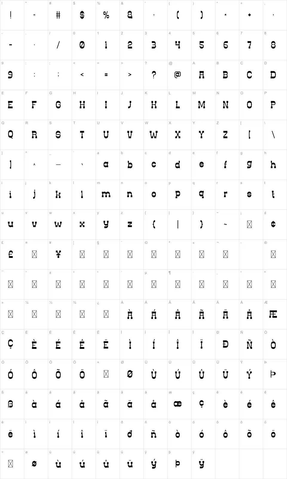 Jabanero Table des caractères Jabanerofont character map