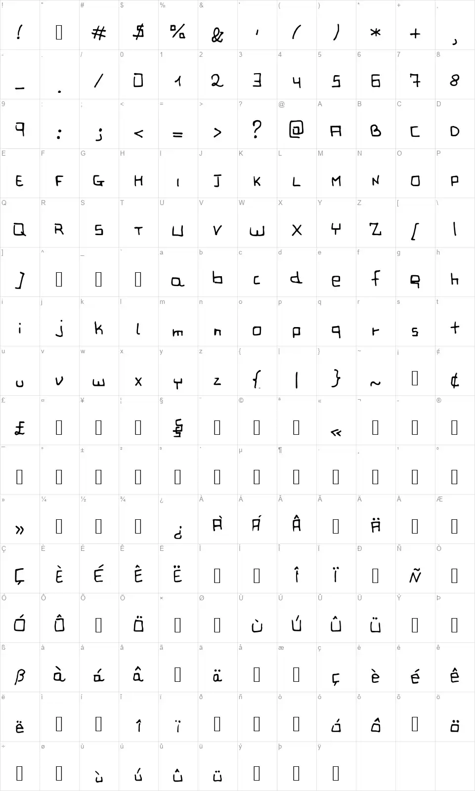 JD Vegafont character map