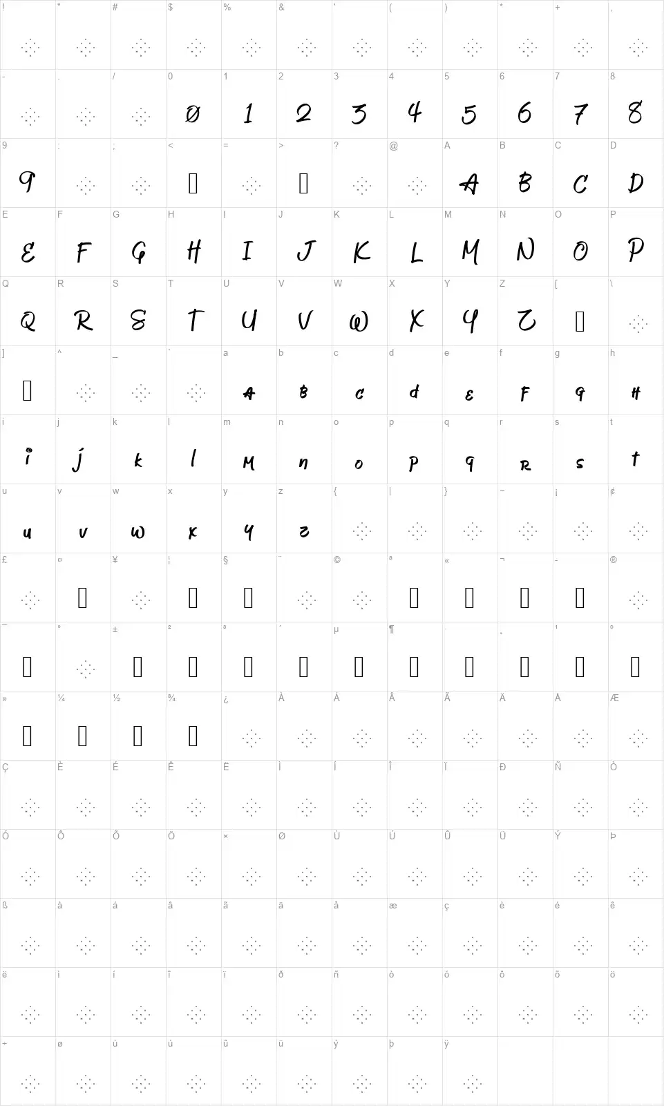 Jeboyfont character map
