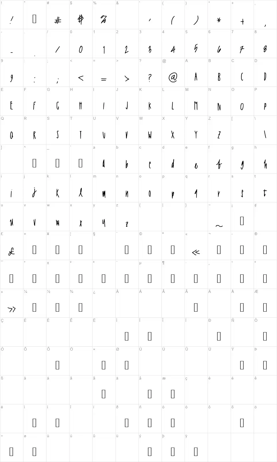 JessaPrintfont character map