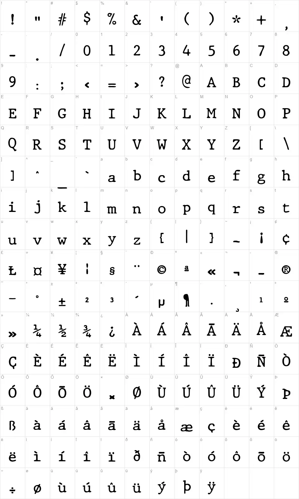 JMH Typewriter Dryfont character map