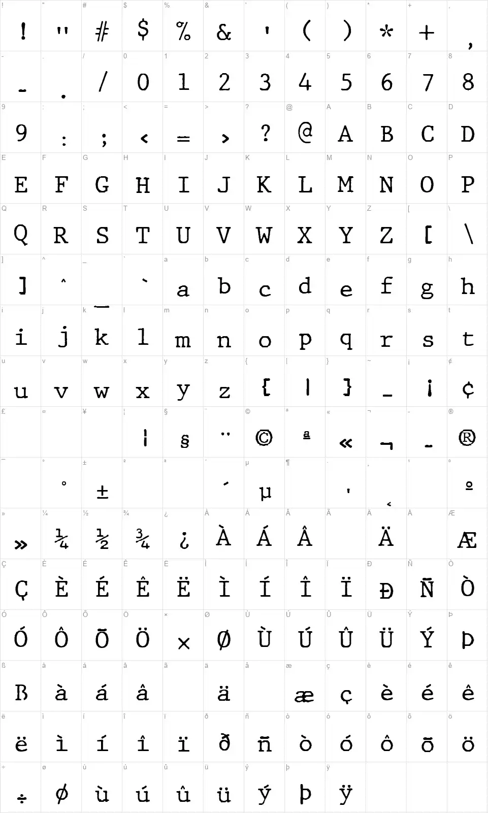 JMH Typewriter Monofont character map