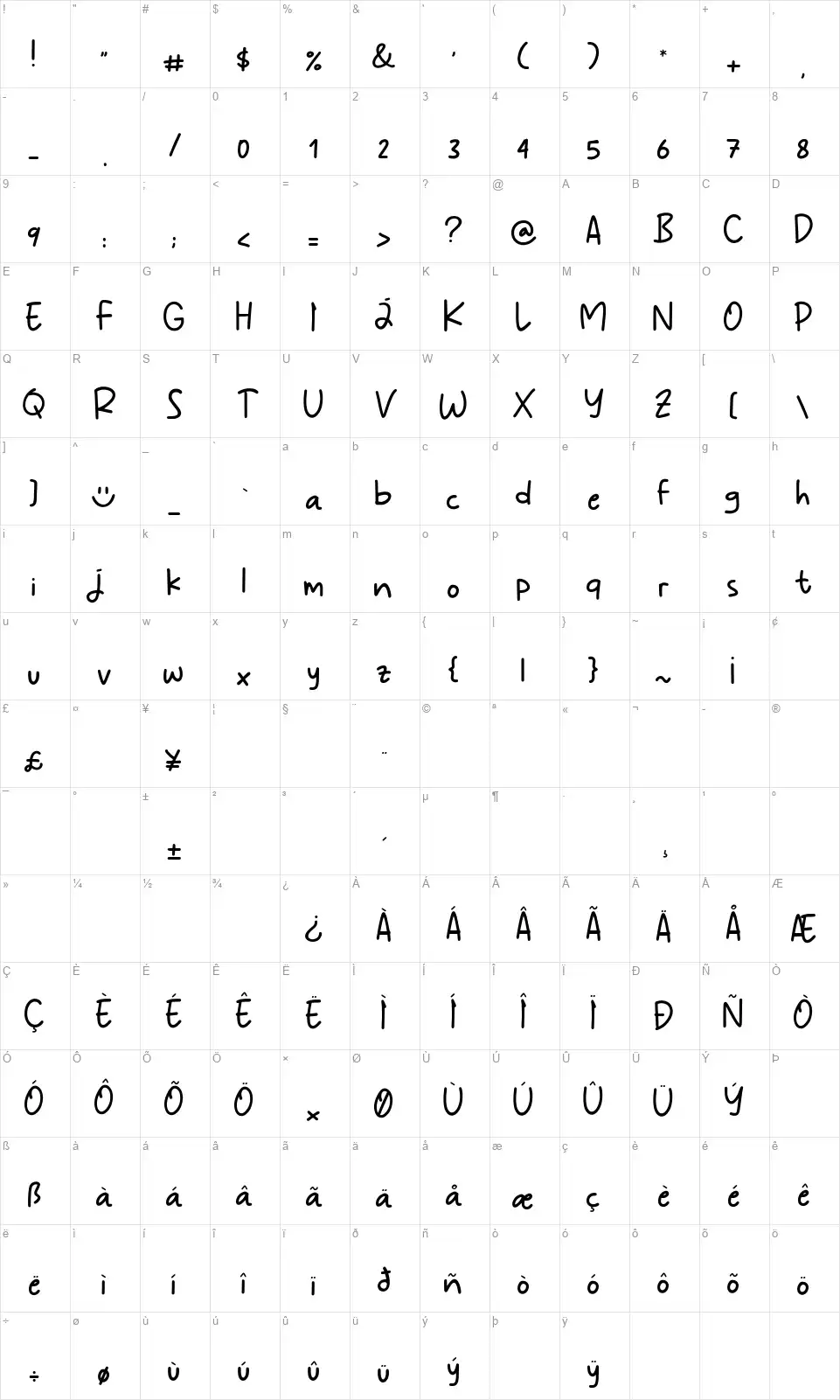Juliagarfont character map