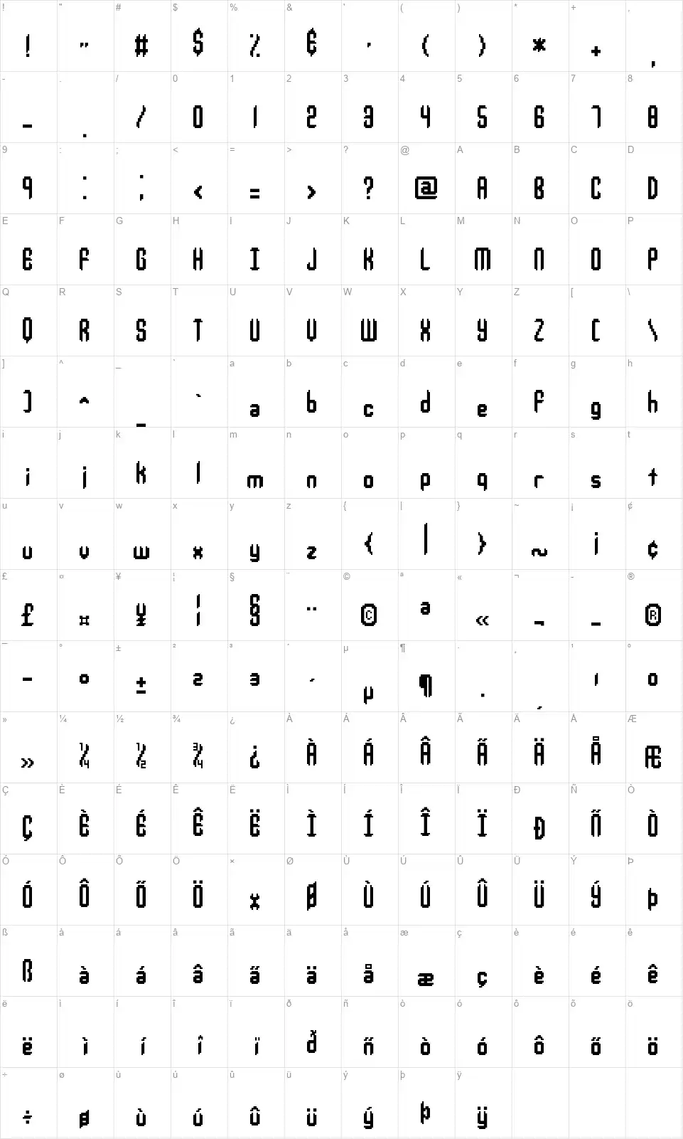 Jupiter Crashfont character map