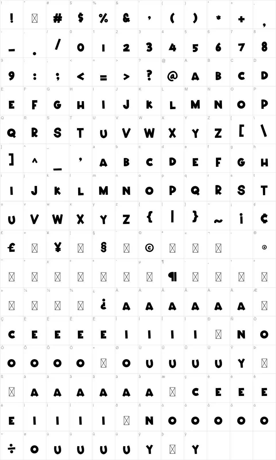 Justice Storyfont character map