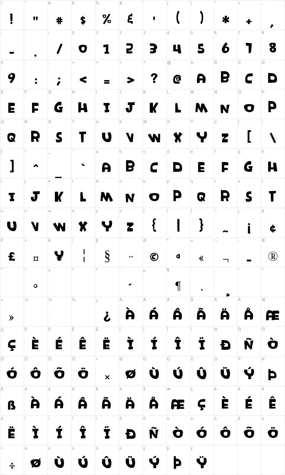 K26 Rambunctiousfont character map