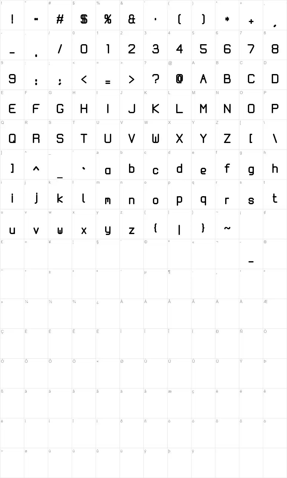 Kalliofont character map