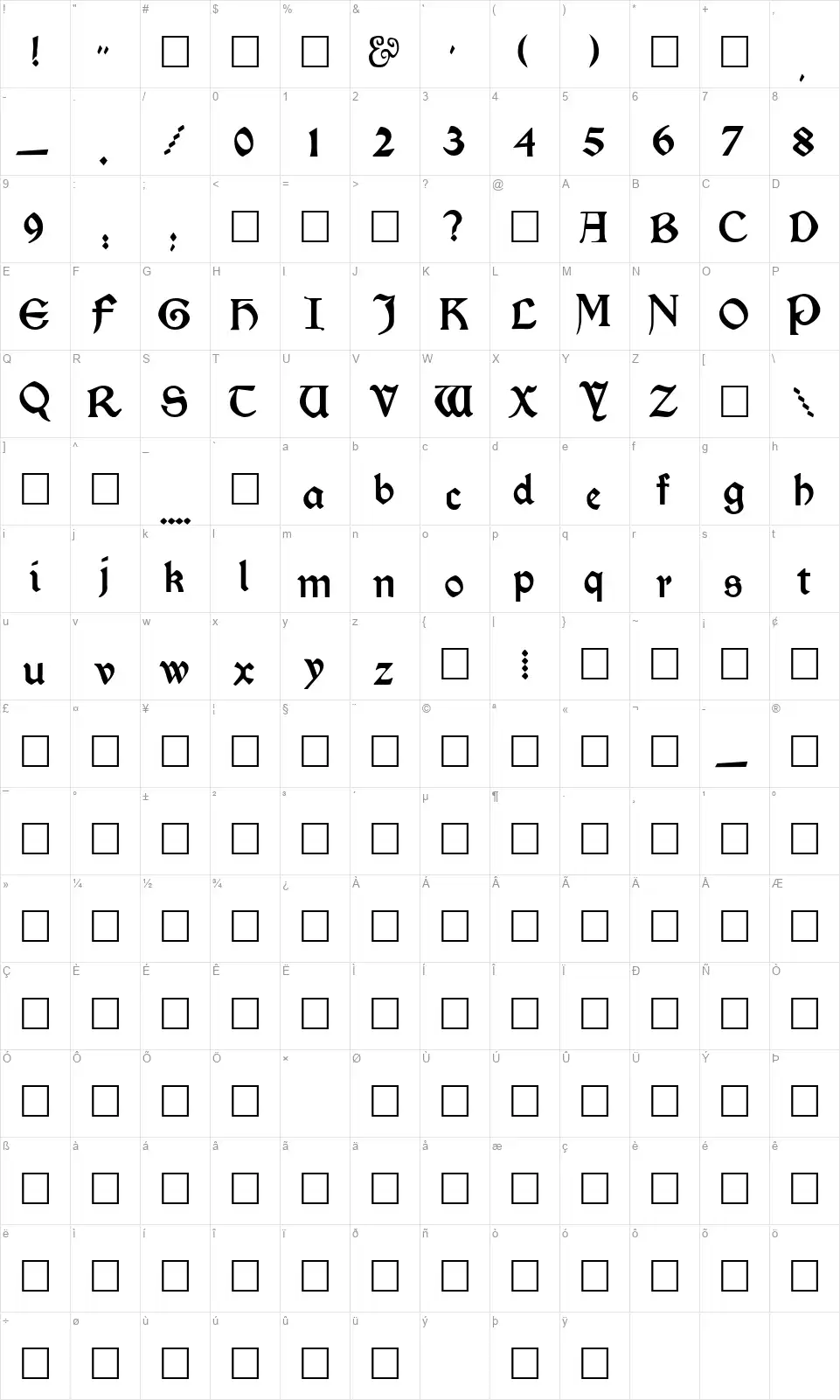 Kelmscottfont character map