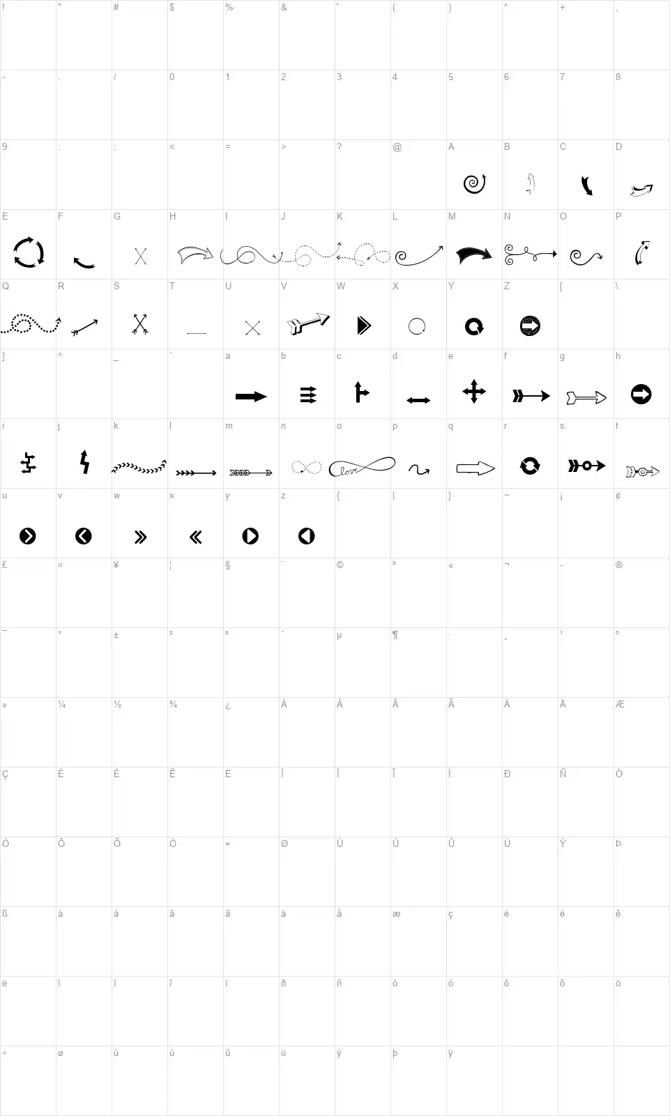 KG Arrowsfont character map