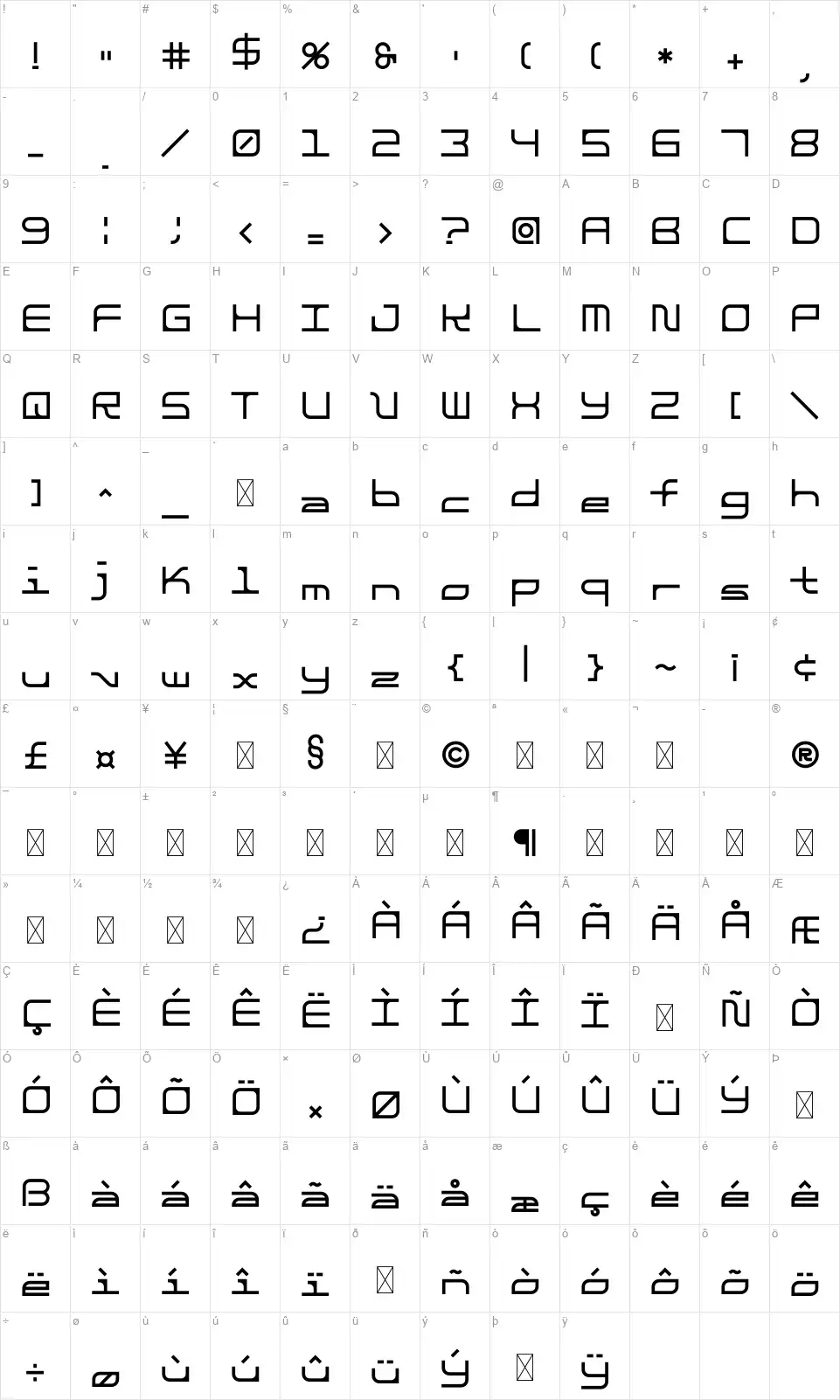 Kilbyfont character map