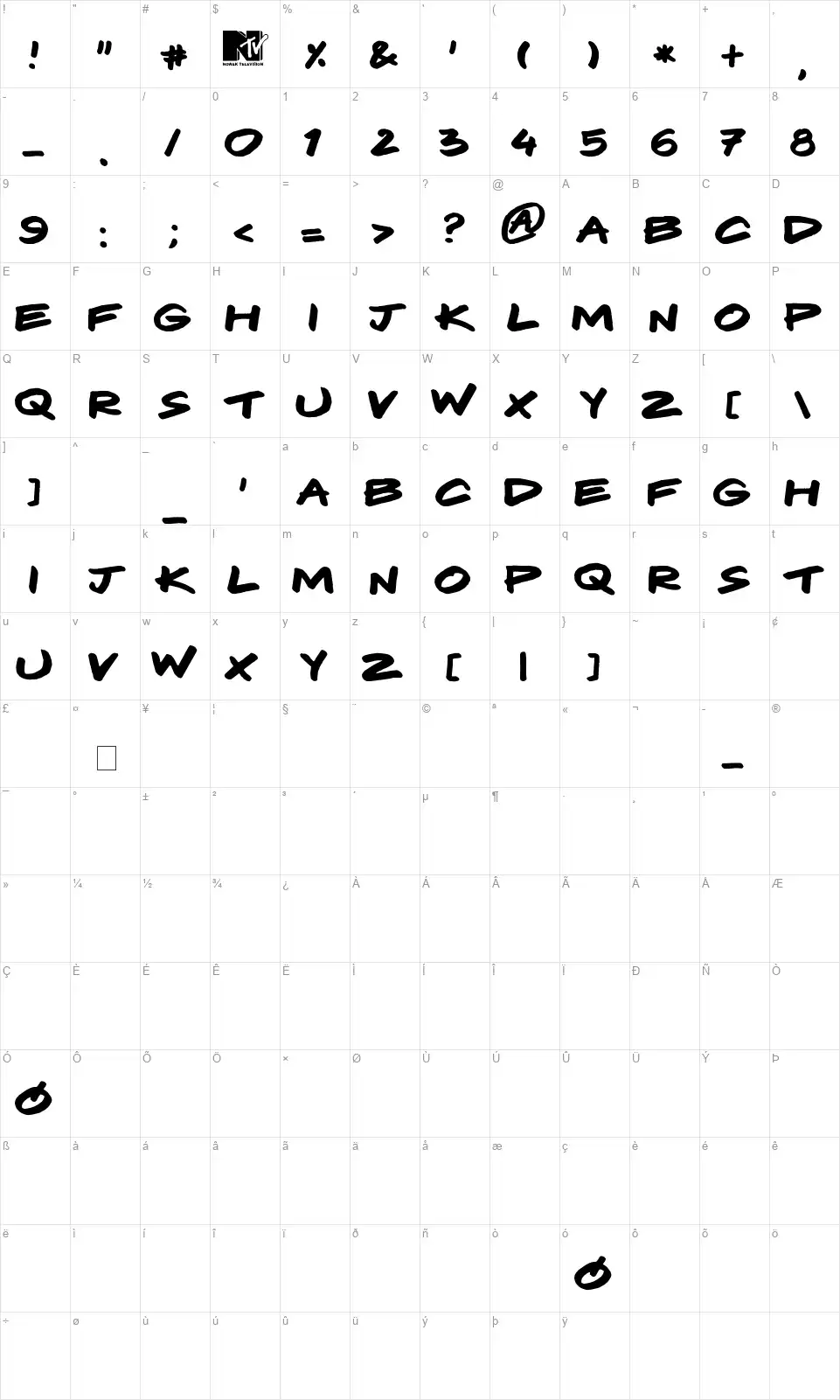 Komixfont character map