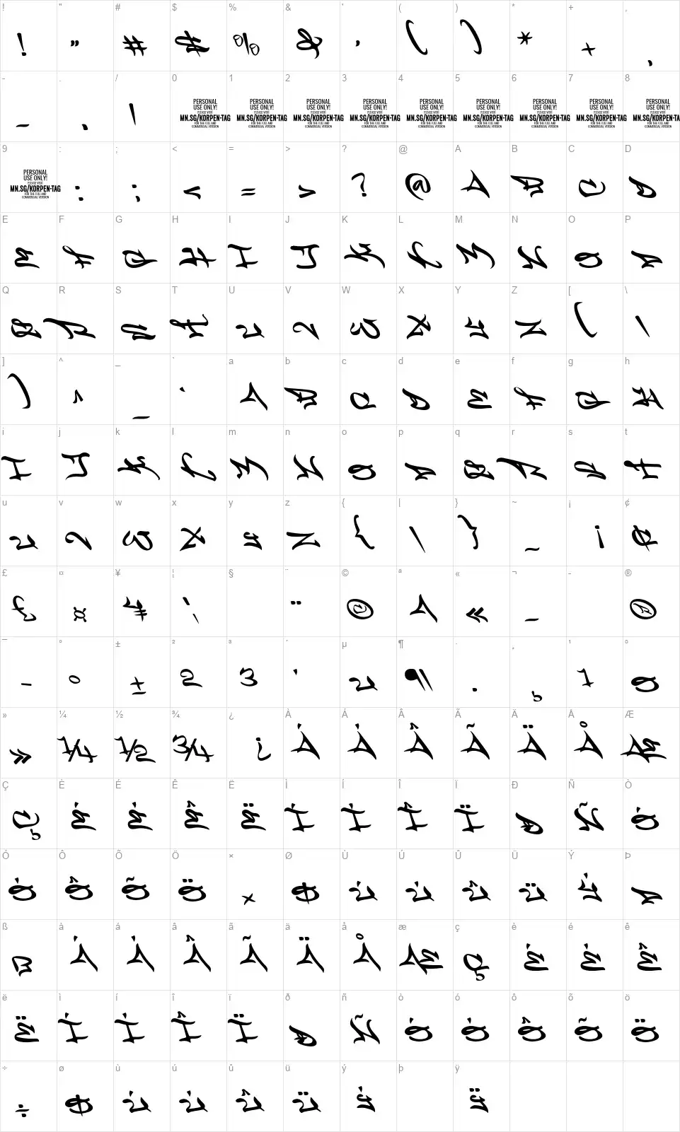 Korpen Tagfont character map