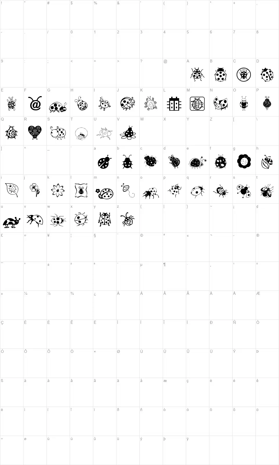 Ladybug Dingsfont character map