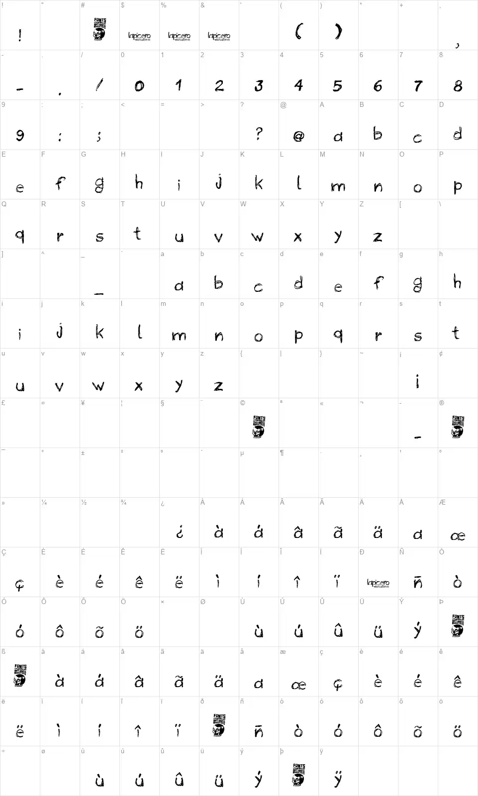 Lapicerofont character map