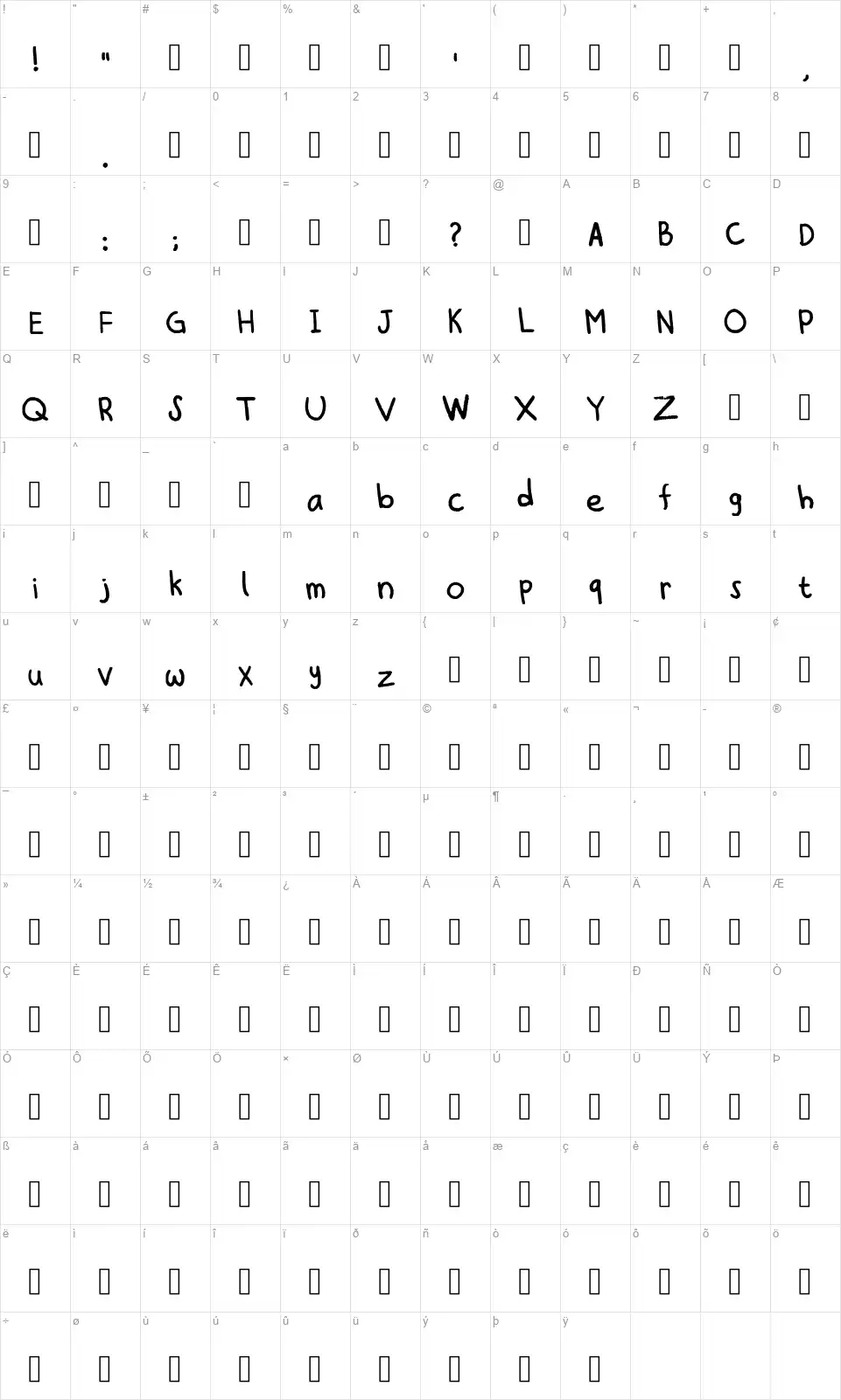 Last to sleepfont character map
