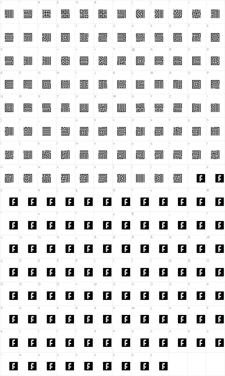 Lavirintfont character map