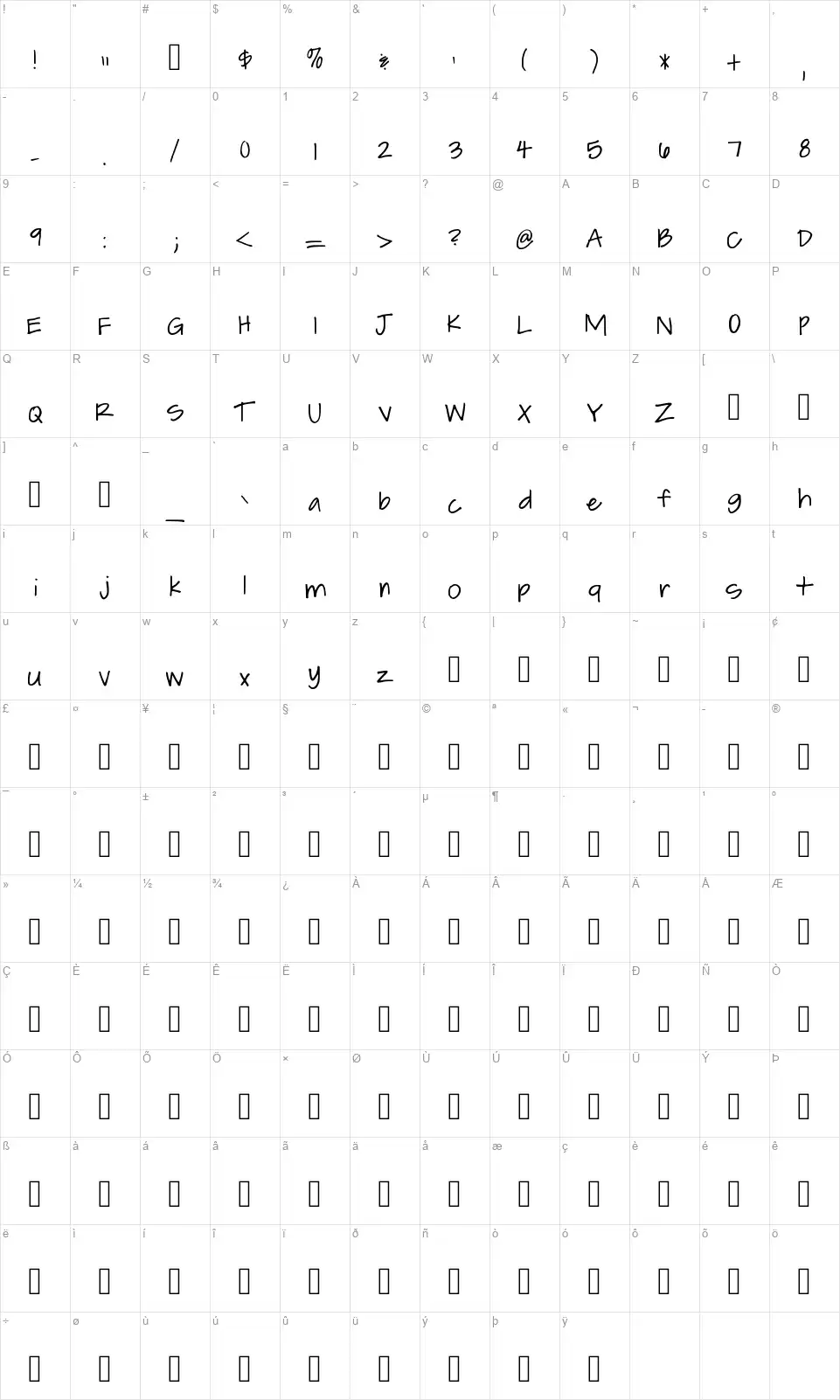 Leah Writesfont character map