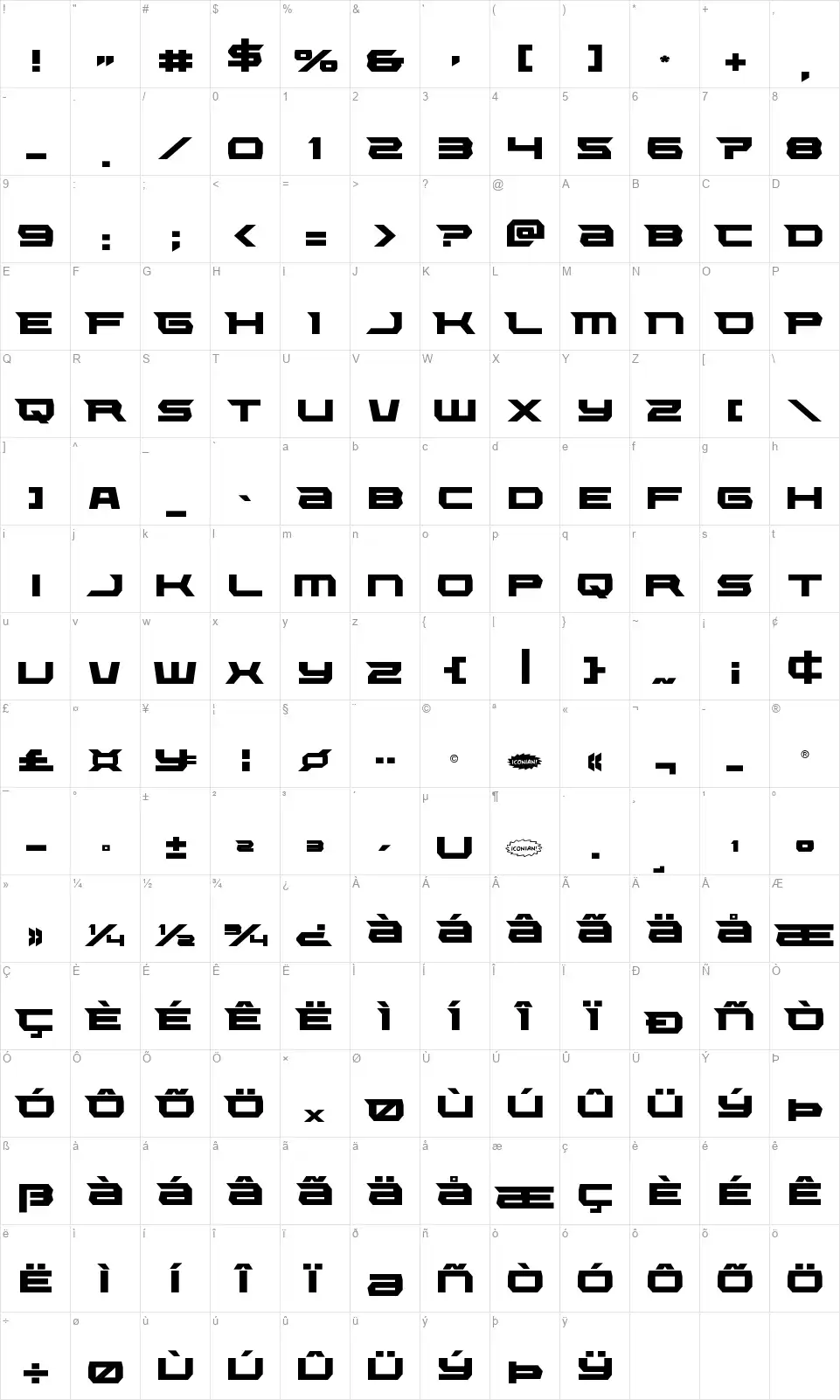 Lethal Forcefont character map
