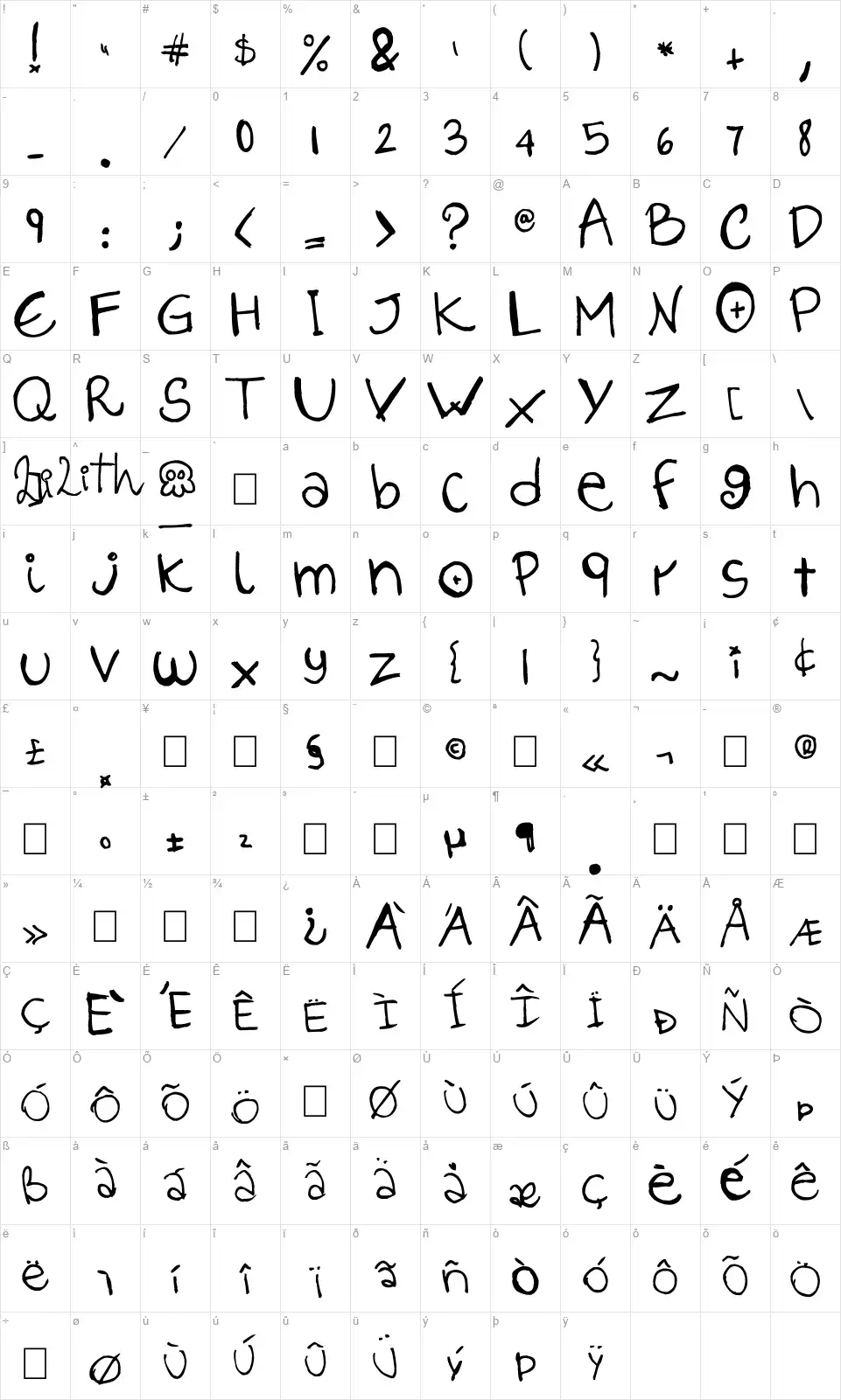 Lilith Scriptfont character map