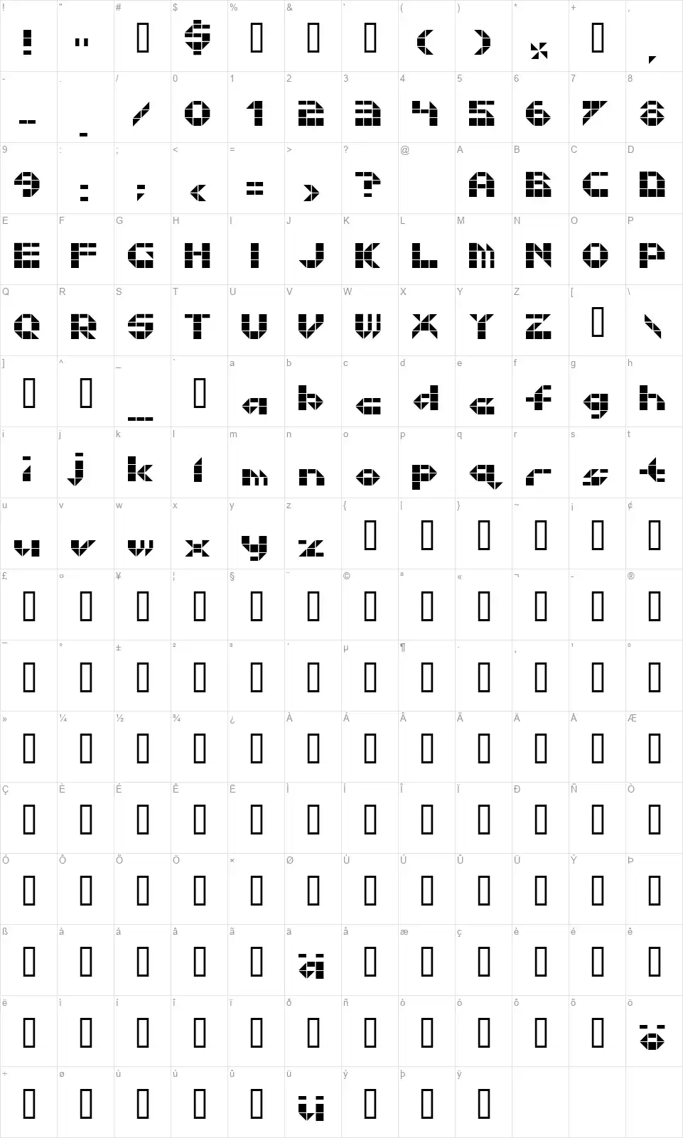 Litebrite 1975font character map
