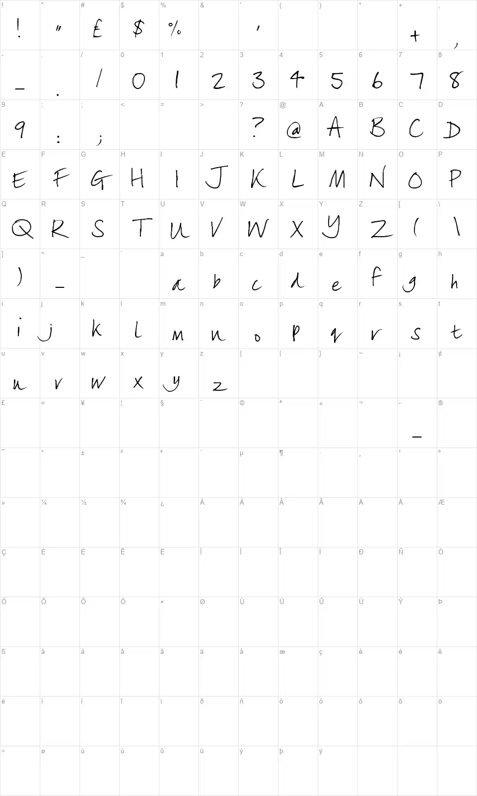 Lizzielongstockingfont character map