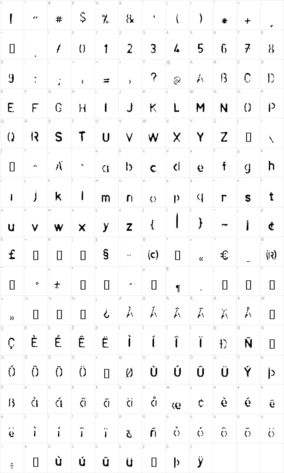 LL Pochoirfont character map