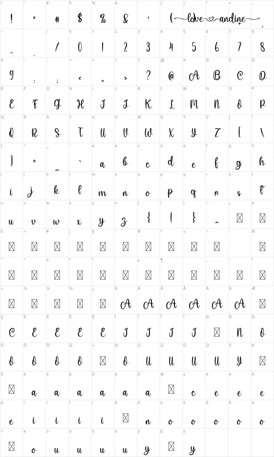 Love Andinefont character map