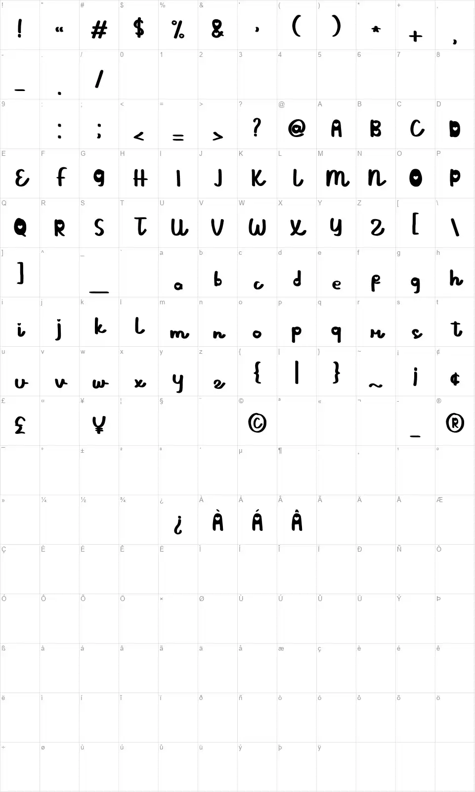 Love Dramafont character map