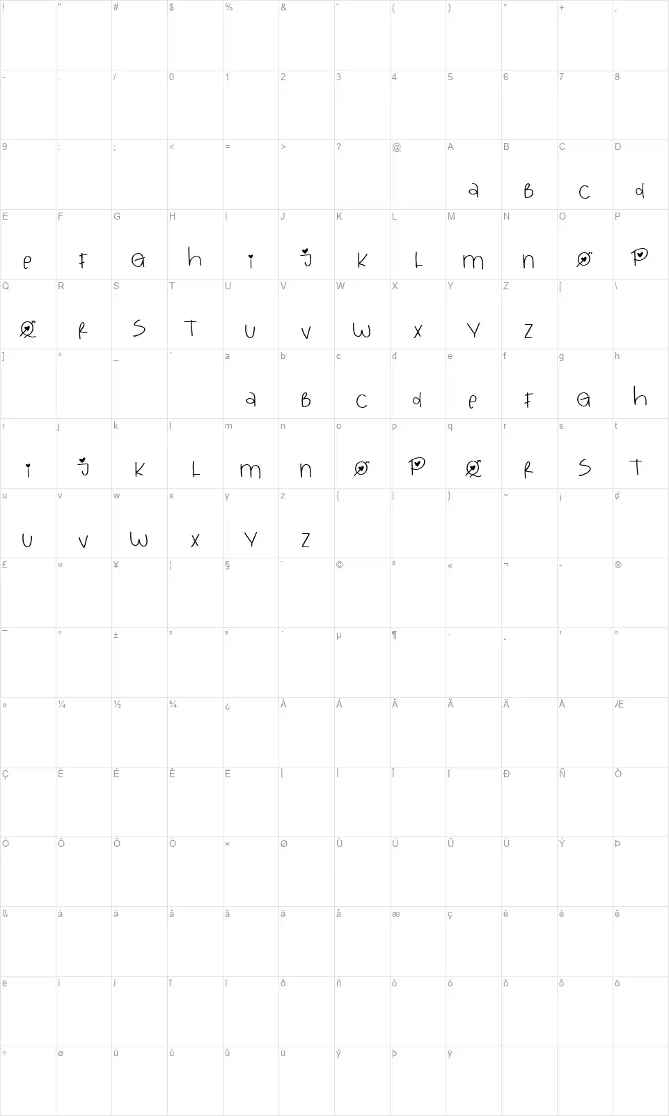 Love Queenfont character map