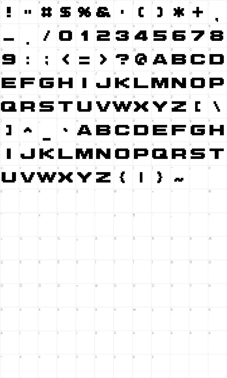 M42 Flight 721font character map