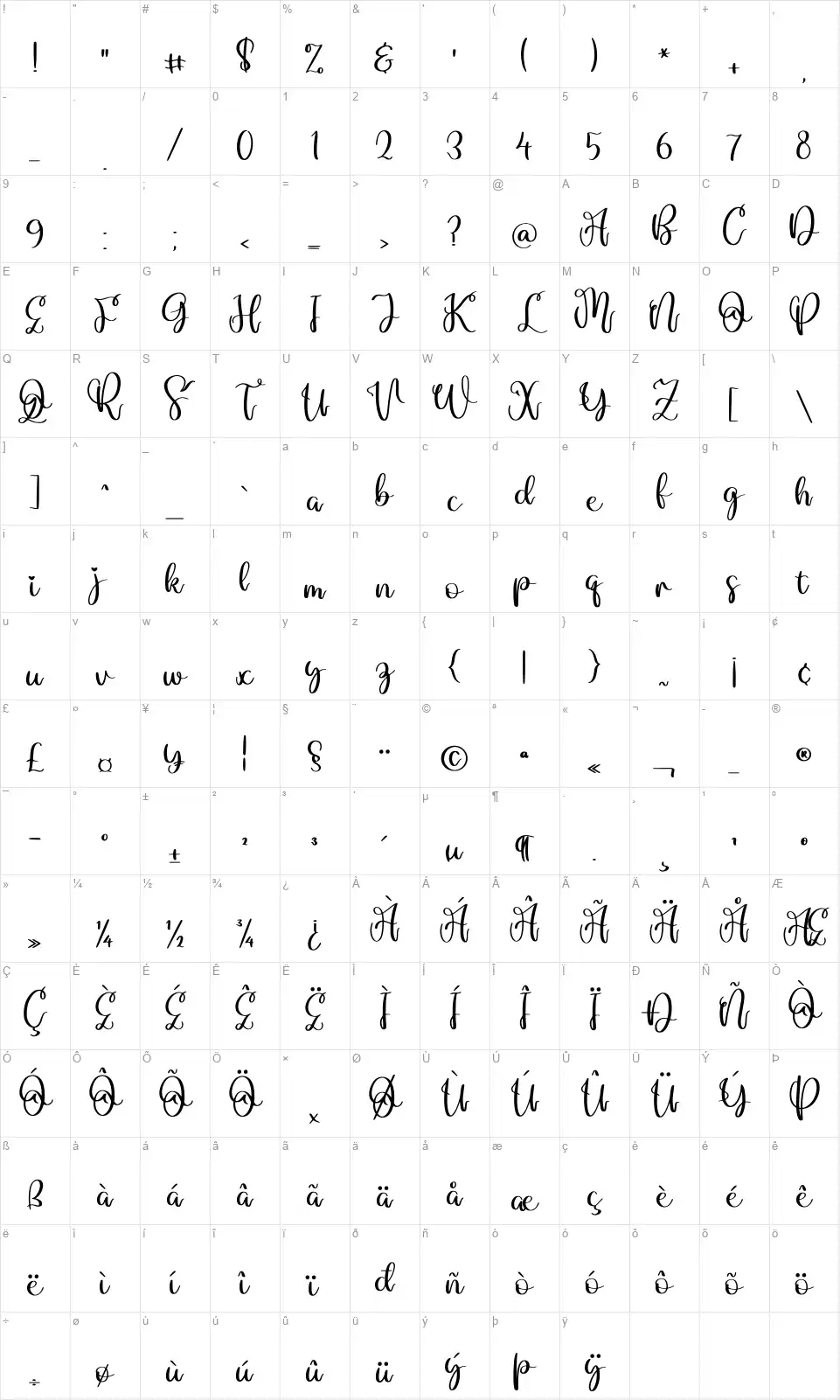 Marlyta Lovelyfont character map