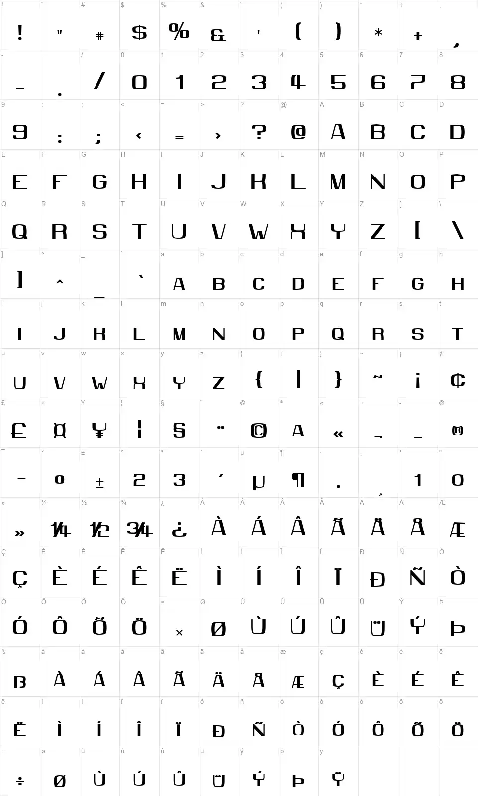 MMX2010font character map