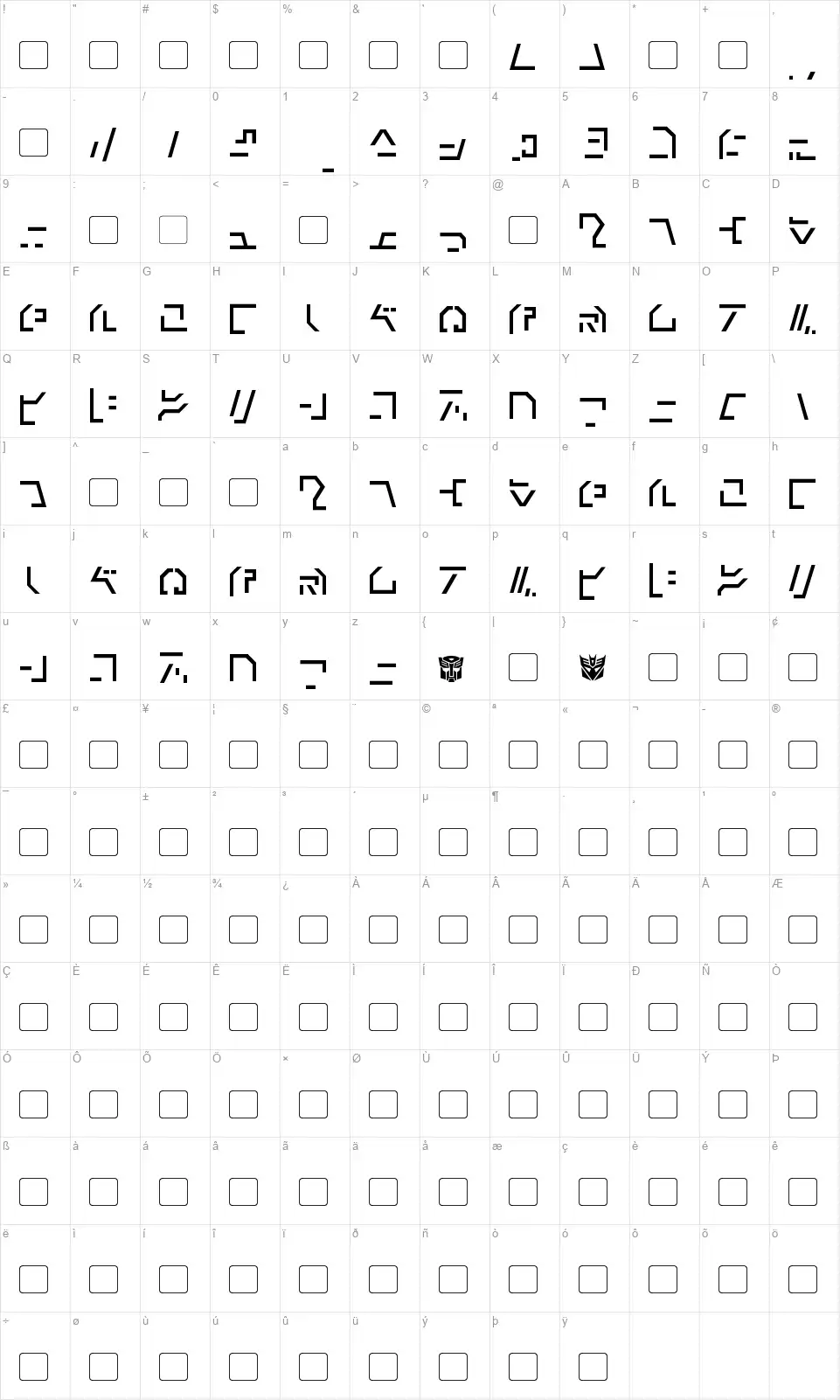 Modern Cybertronicfont character map