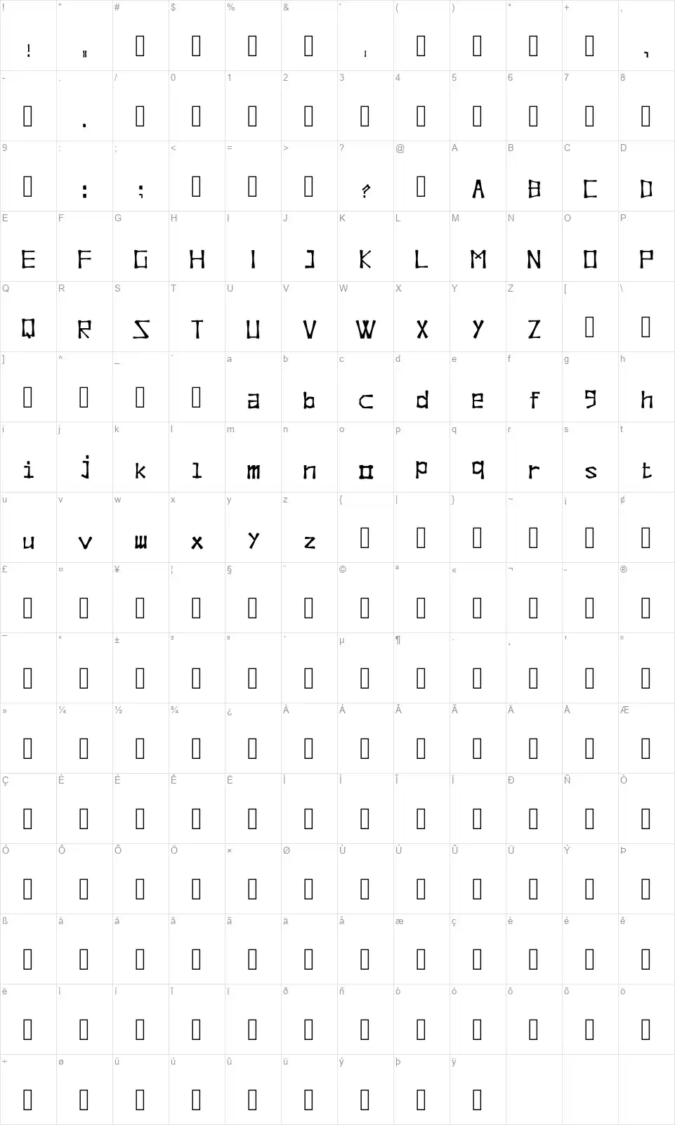 Molukken Vibesfont character map