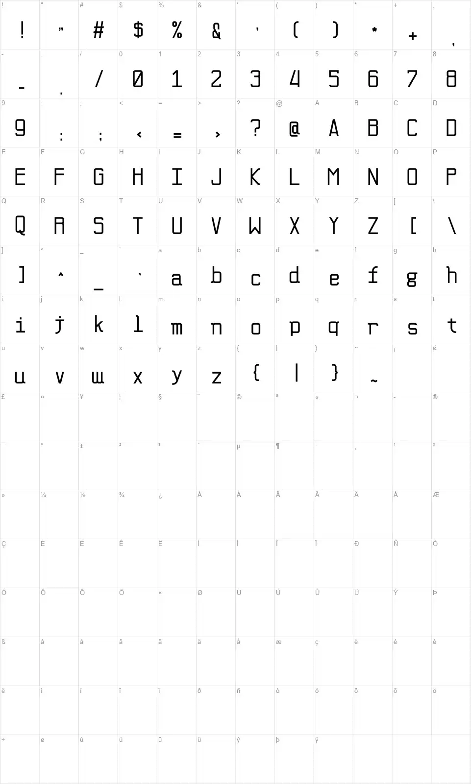 Monocodefont character map