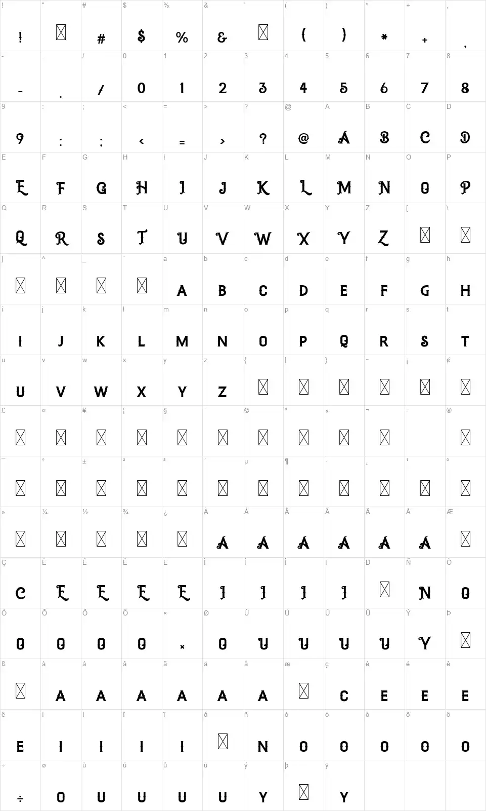Moor Vantagefont character map