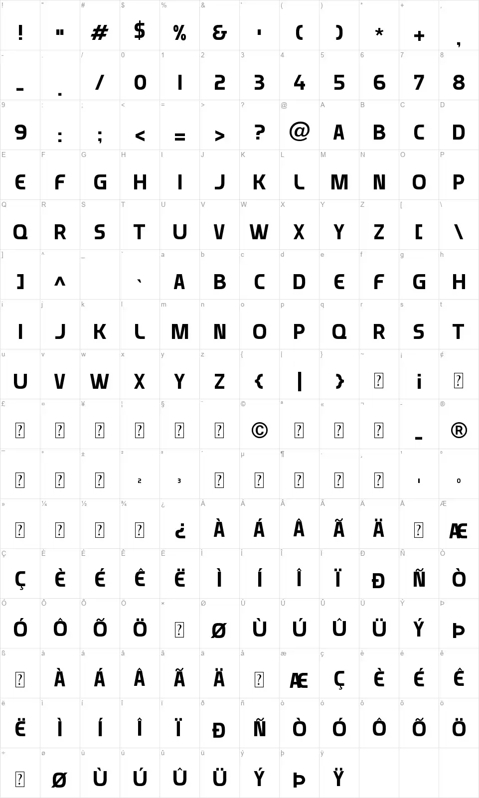 Munisticfont character map