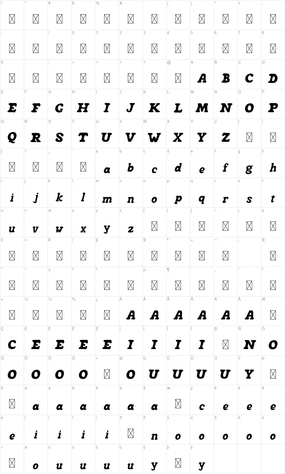 Nashirafont character map