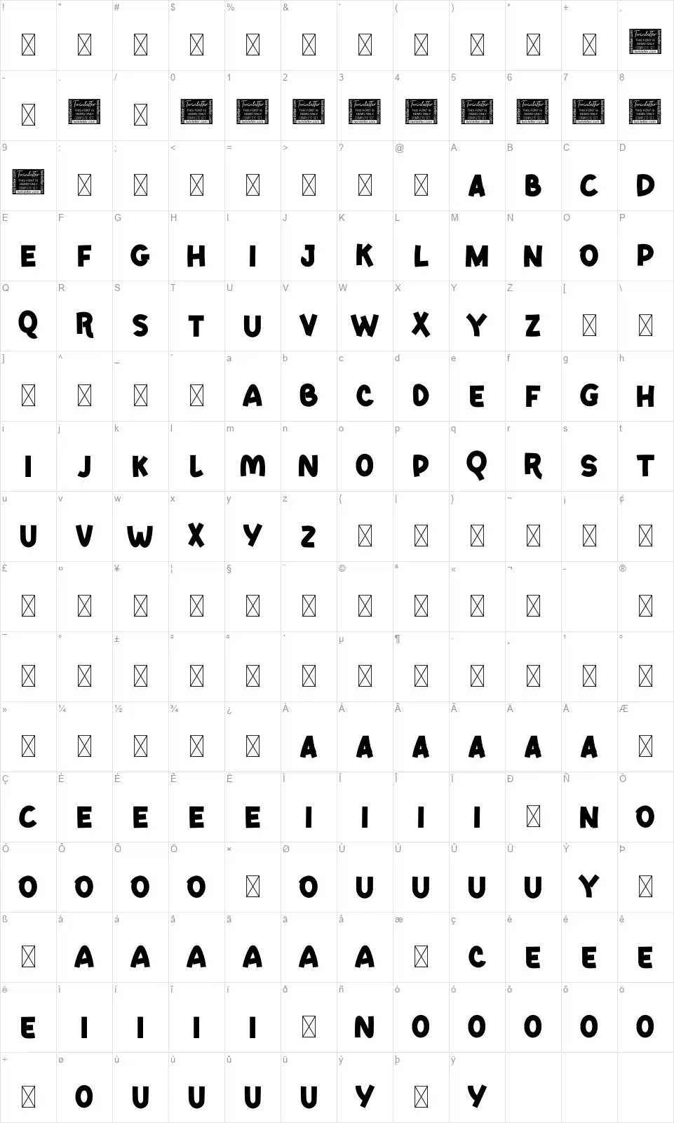Nestingfont character map