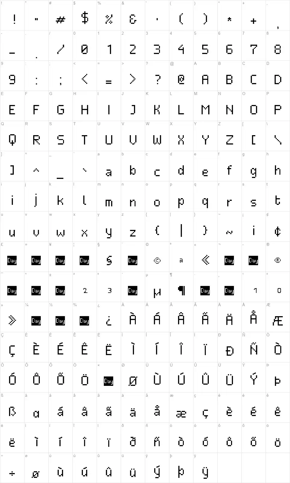 Neue Pixel Sansfont character map